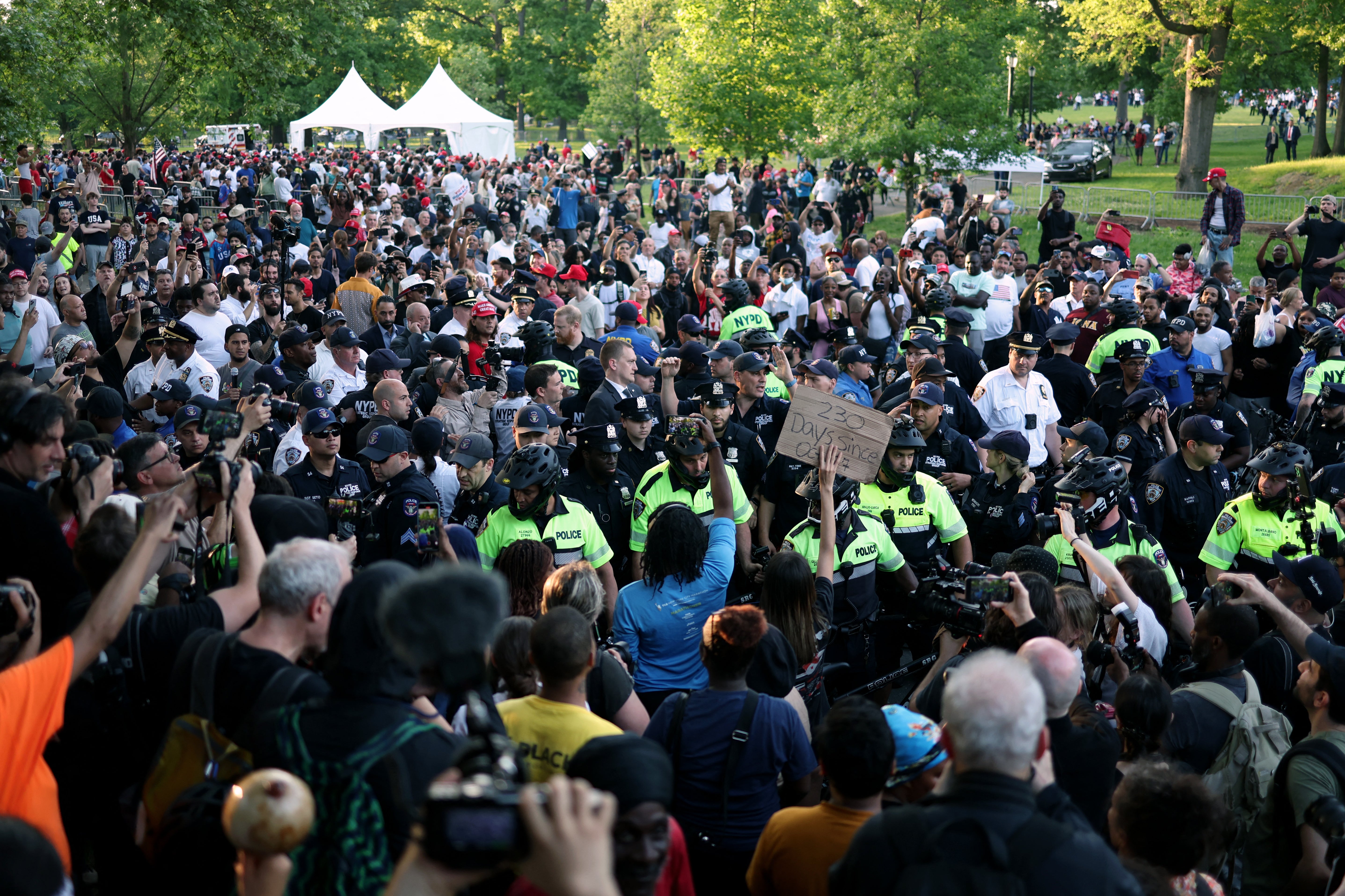Police formed a line to keep the two groups separate