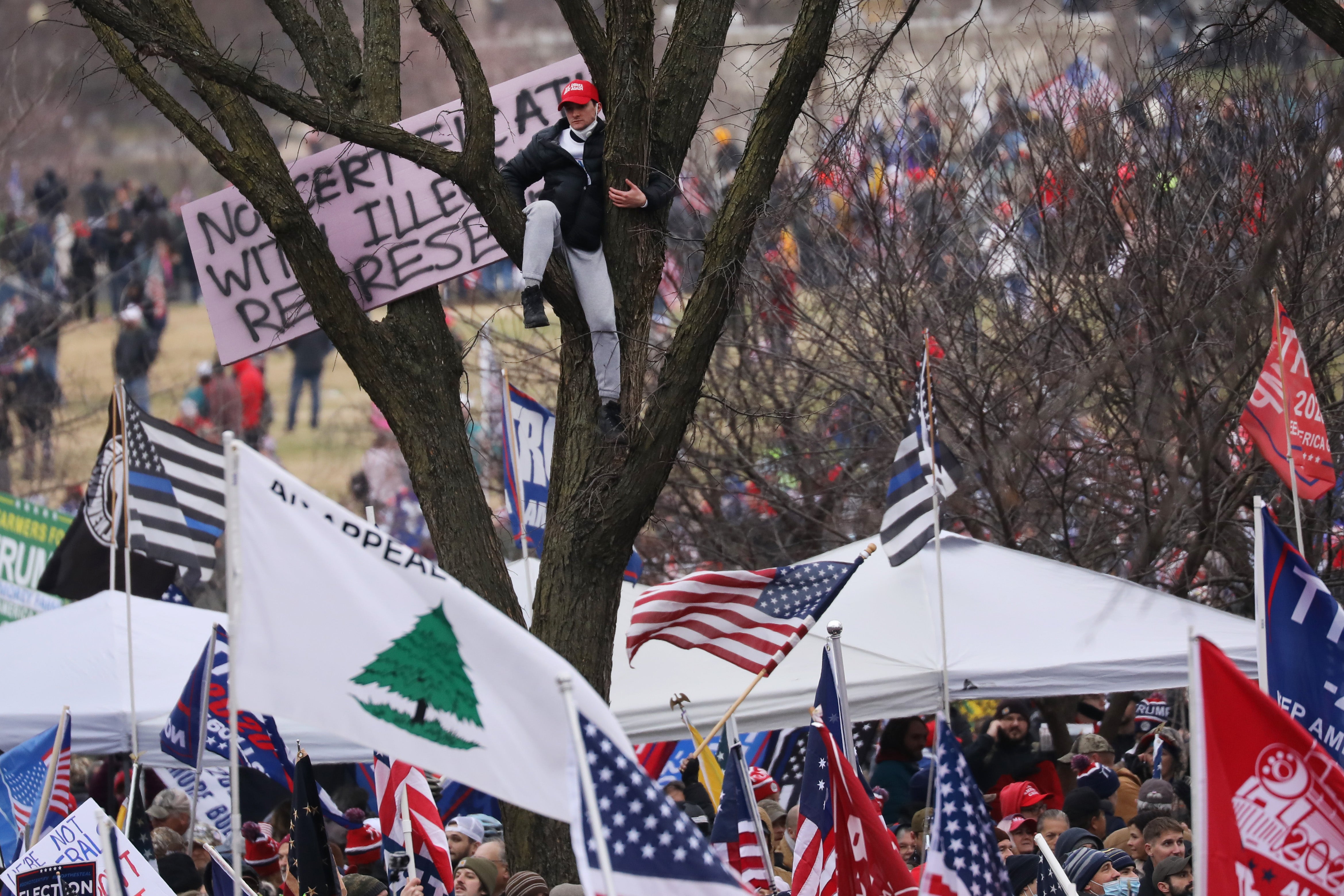 ‘An appeal to heaven’ flag is seen as crowds arrive for the ‘Stop the Steal' rally on January 6, 2021, in Washington, DC