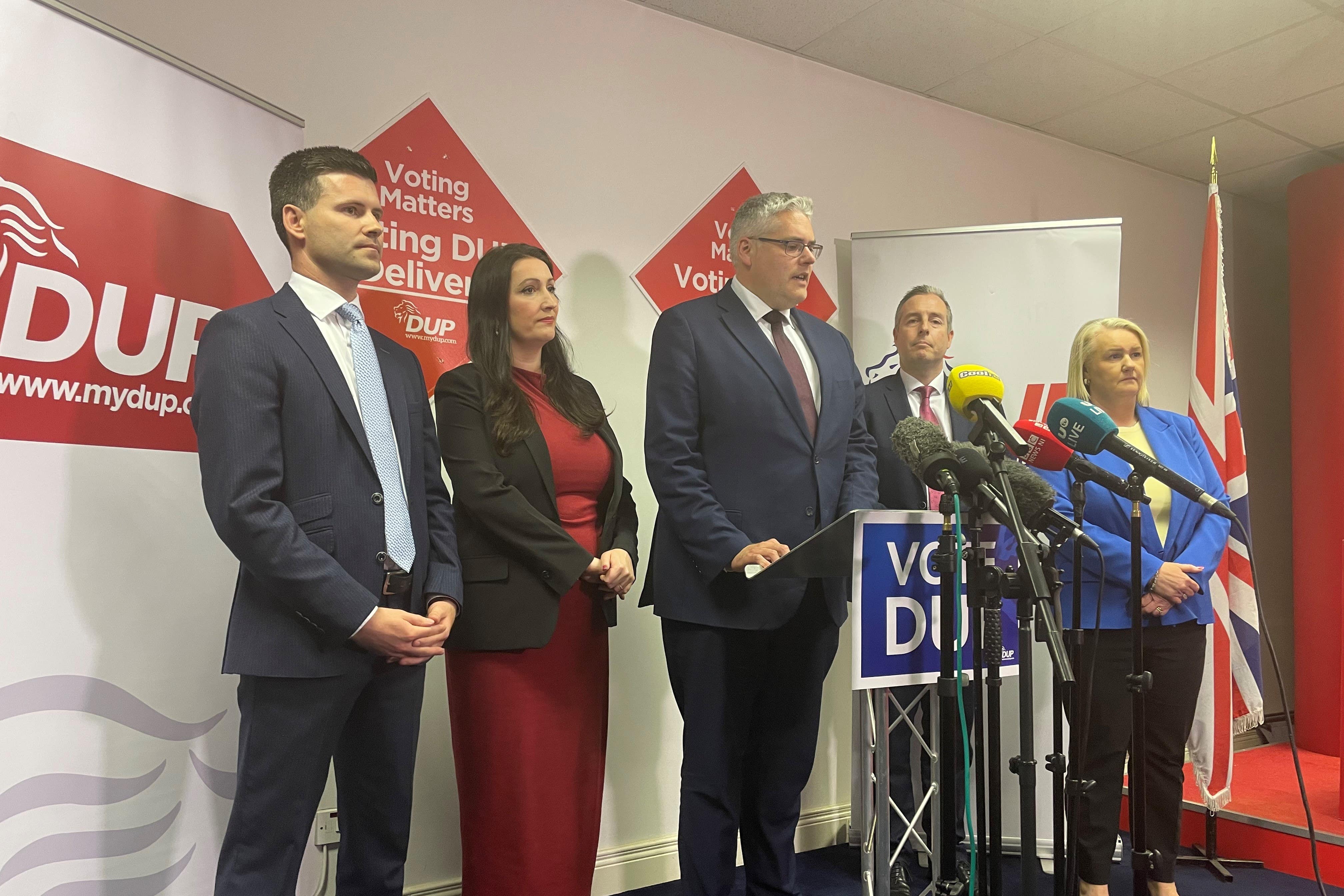 From left: Jonathan Buckley, Emma Little-Pengelly, Gavin Robinson, Paul Givan and Tracy Kelly (Jonathan McCambridge/PA)