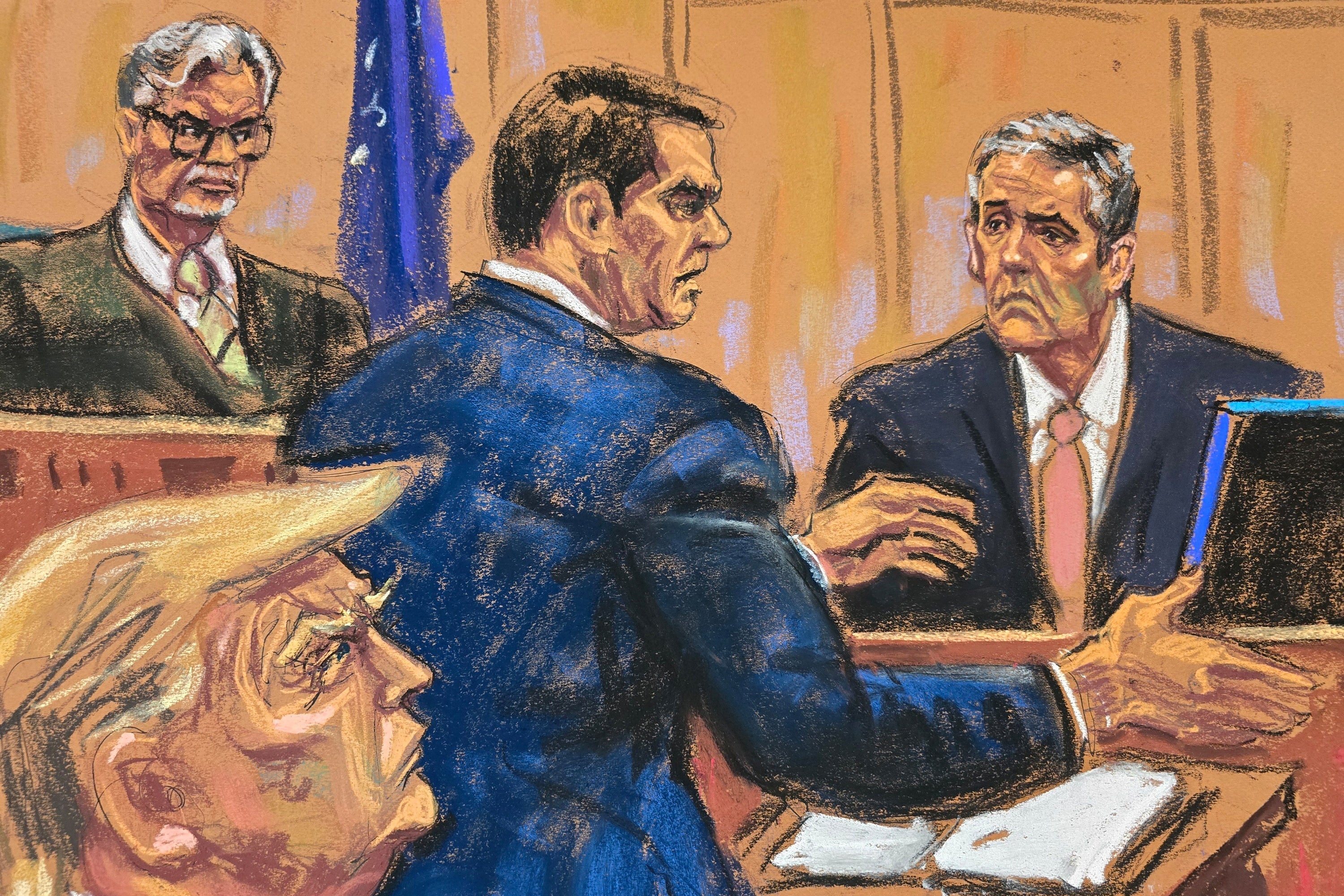 A courtroom sketch from May 20 depicts Todd Blanche questioning Michael Cohen while Donald Trump and Justice Juan Merchan look on.