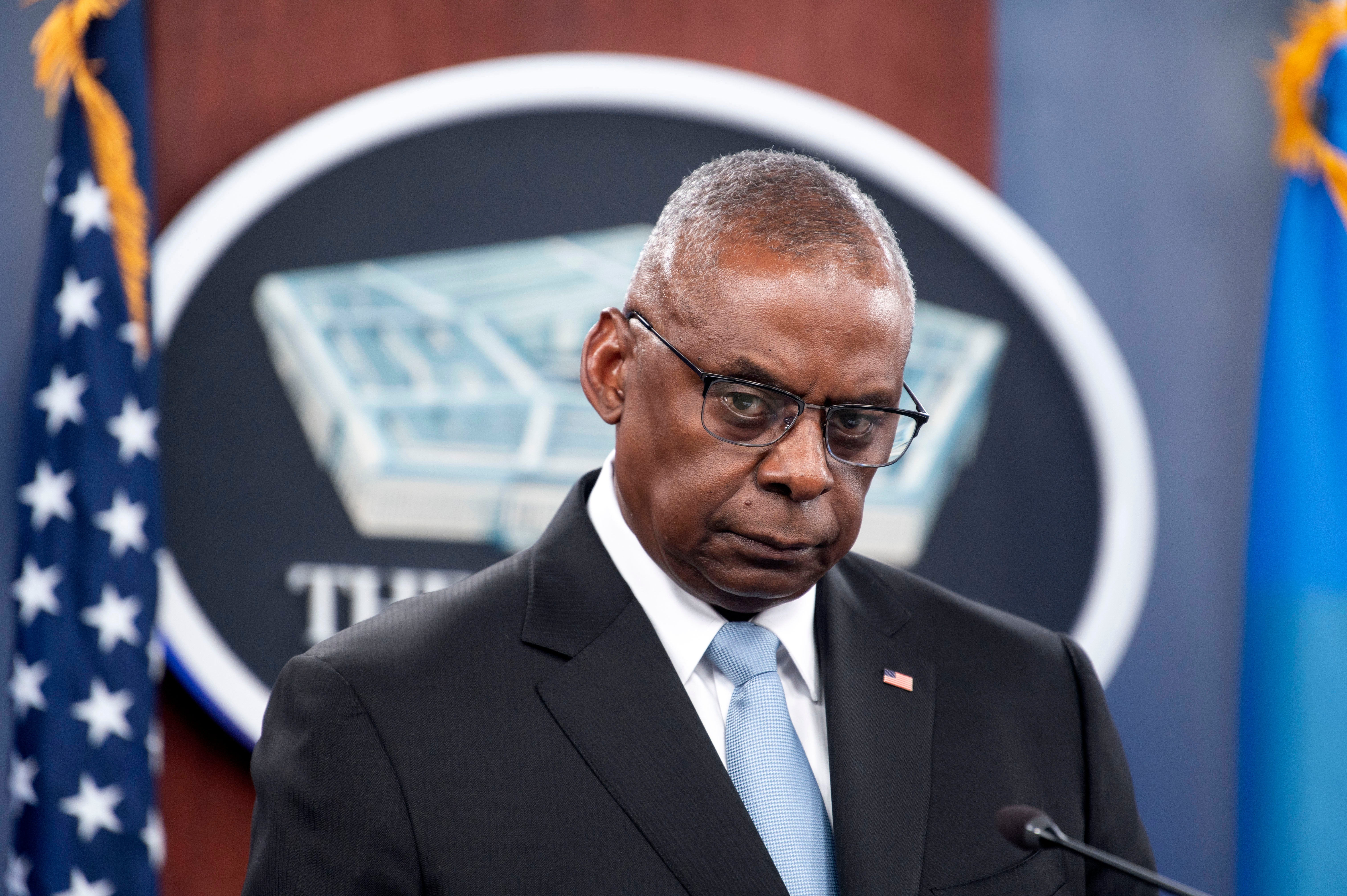 Defense Secretary Lloyd Austin speaks during a press briefing at the Pentagon on May 20