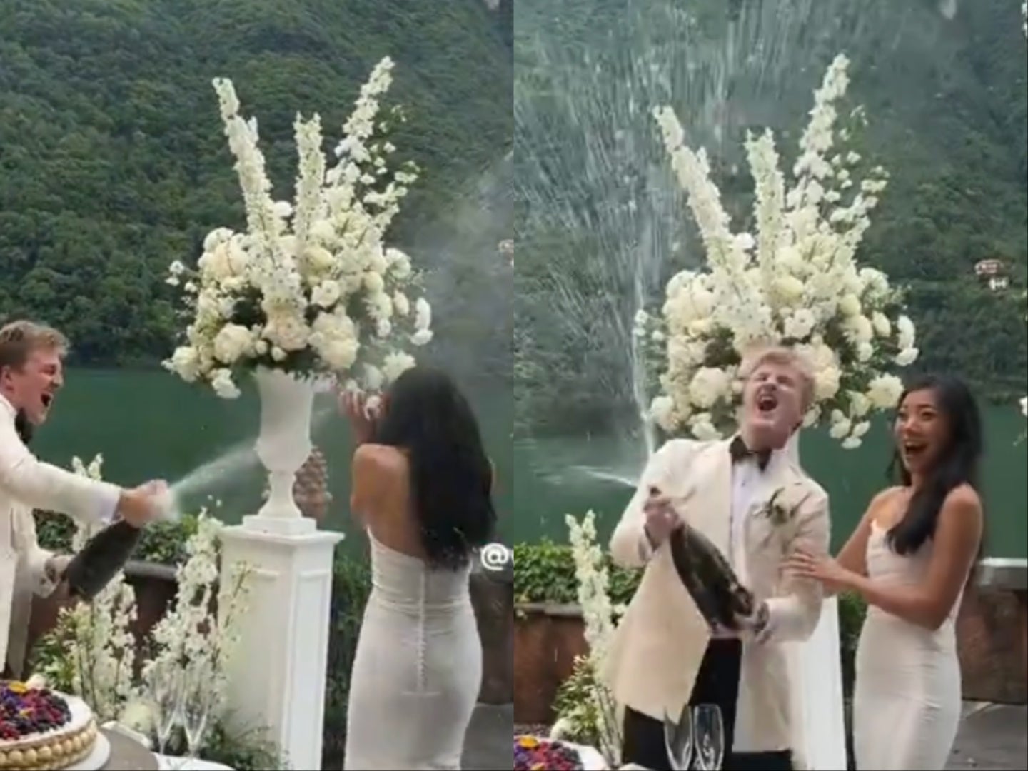 Groom sparks viral debate after he sprayed bride with champagne during wedding
