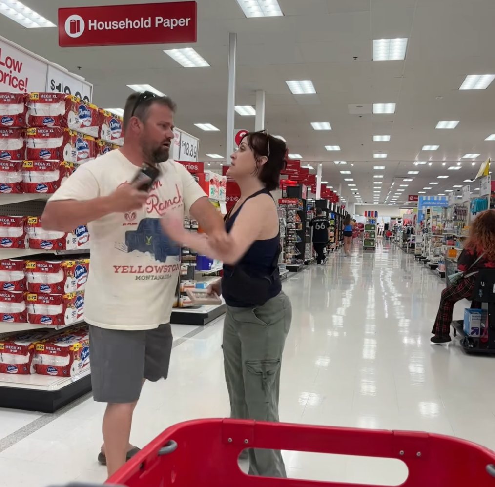 Monica Geisel (right) confronts a man later revealed to be a registered sex offender (left) in a Target after she says he took a video of her teenage daughter