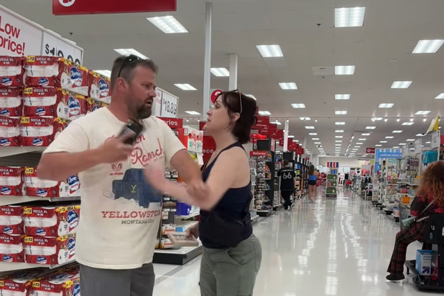 <p>Monica Geisel (right) confronts a man later revealed to be a registered sex offender (left) in a Target after she says he took a video of her teenage daughter</p>