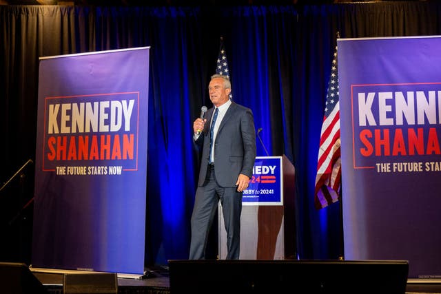 <p>Presidential candidate Robert F Kennedy Jr speaks at the Washington Hilton during the Libertarian Party national convention on 24 May 2024</p>
