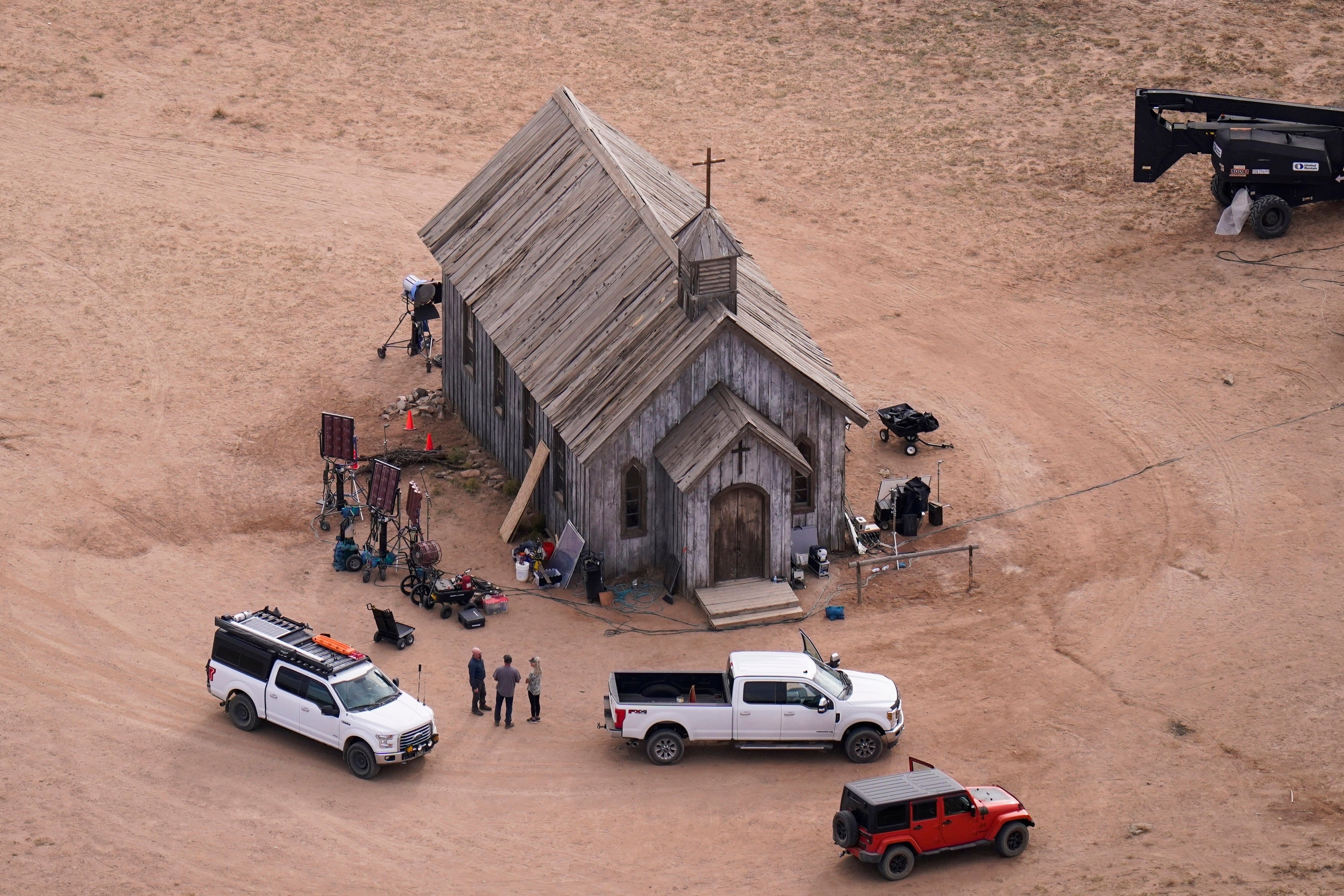 This aerial photo shows the movie set of ‘Rust’ at Bonanza Creek Ranch, October 23, 2021, in Santa Fe, New Mexico