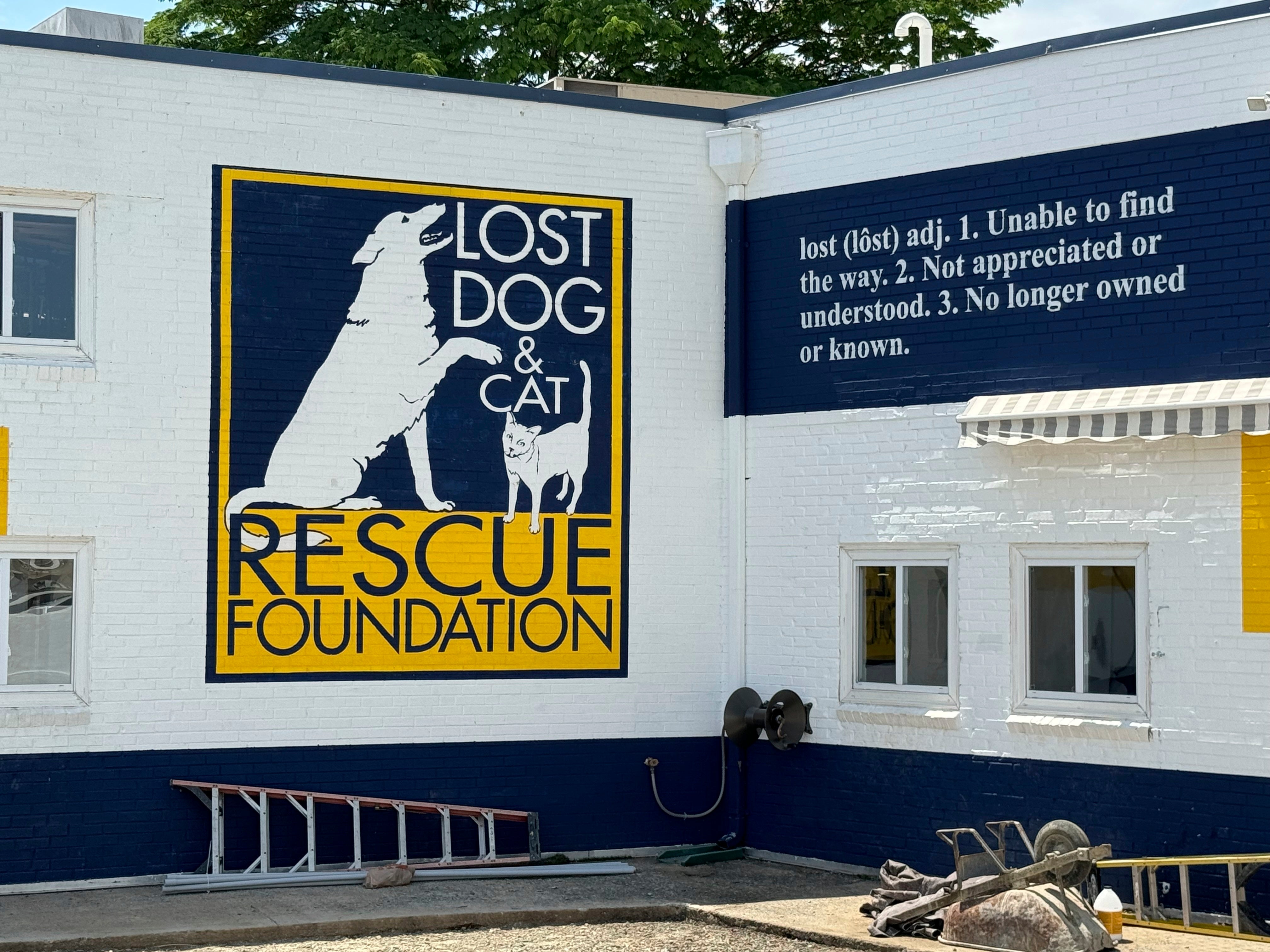 The Lost Dog and Cat Rescue Foundation signage is displayed on its building in Falls Church