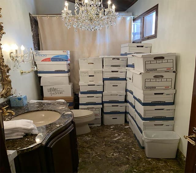 <p>Boxes of government documents seen in a bathroom at Donald Trump’s Mar-a-Lago club in South Florida. Donald Trump is now threatening to sue over the lawsuit </p>