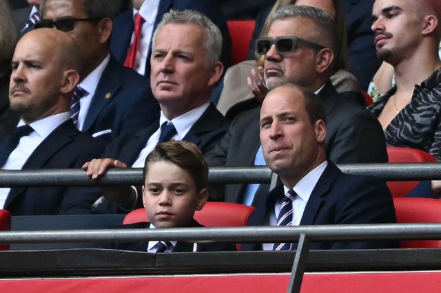 <p>Prince George of Wales (L) and Prince William, Prince of Wales attend the FA Cup final football match between Manchester City and Manchester United at Wembley stadium, in London, on May 25, 2024</p>