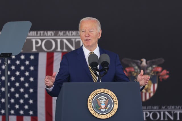 <p>President Joe Biden speaks to the Class of 2024 during commencement at West Point on May 25, 2024</p>