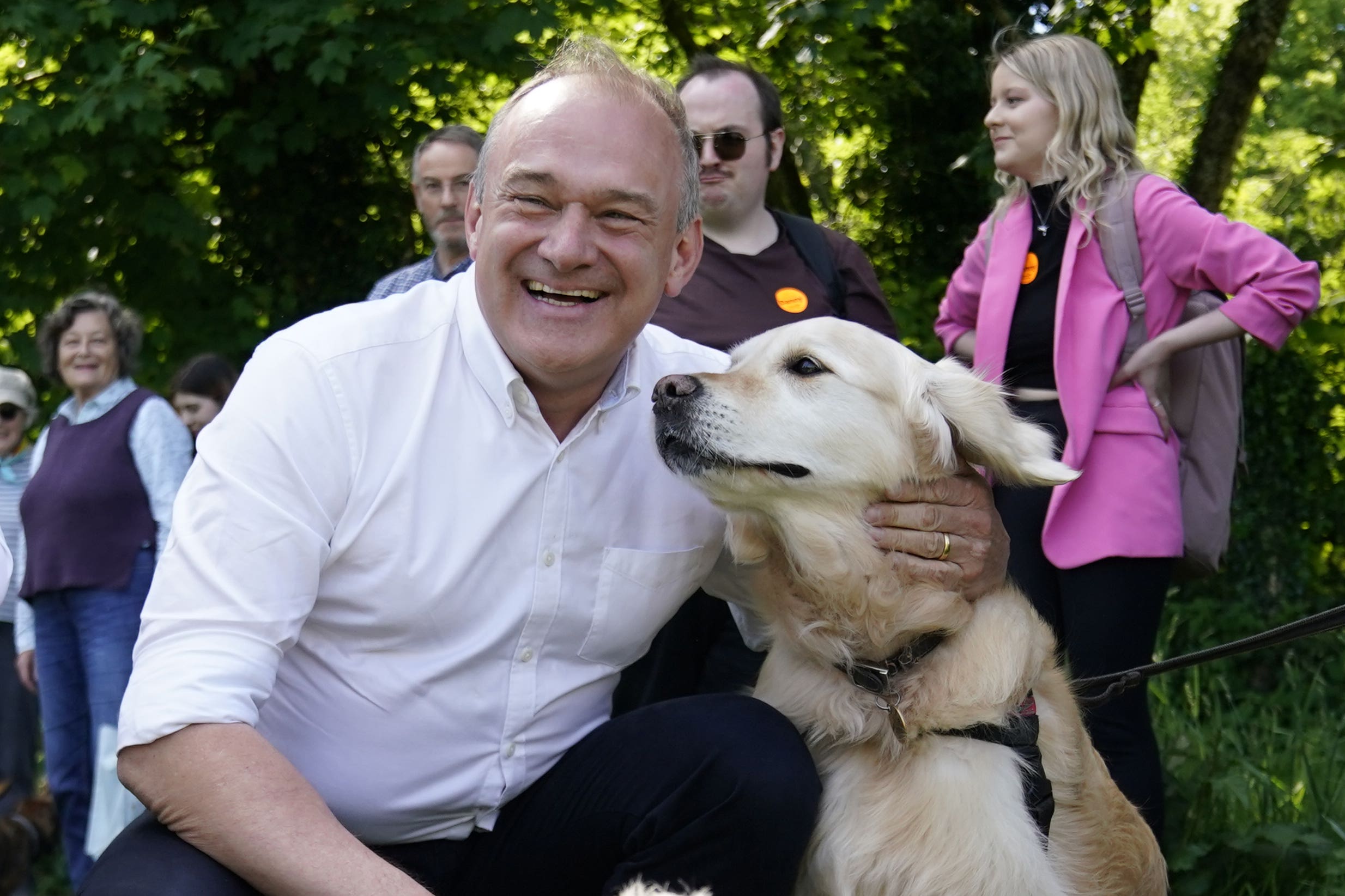 Liberal Democrat leader Sir Ed Davey joined supporters for a dog walk near Winchester on Saturday