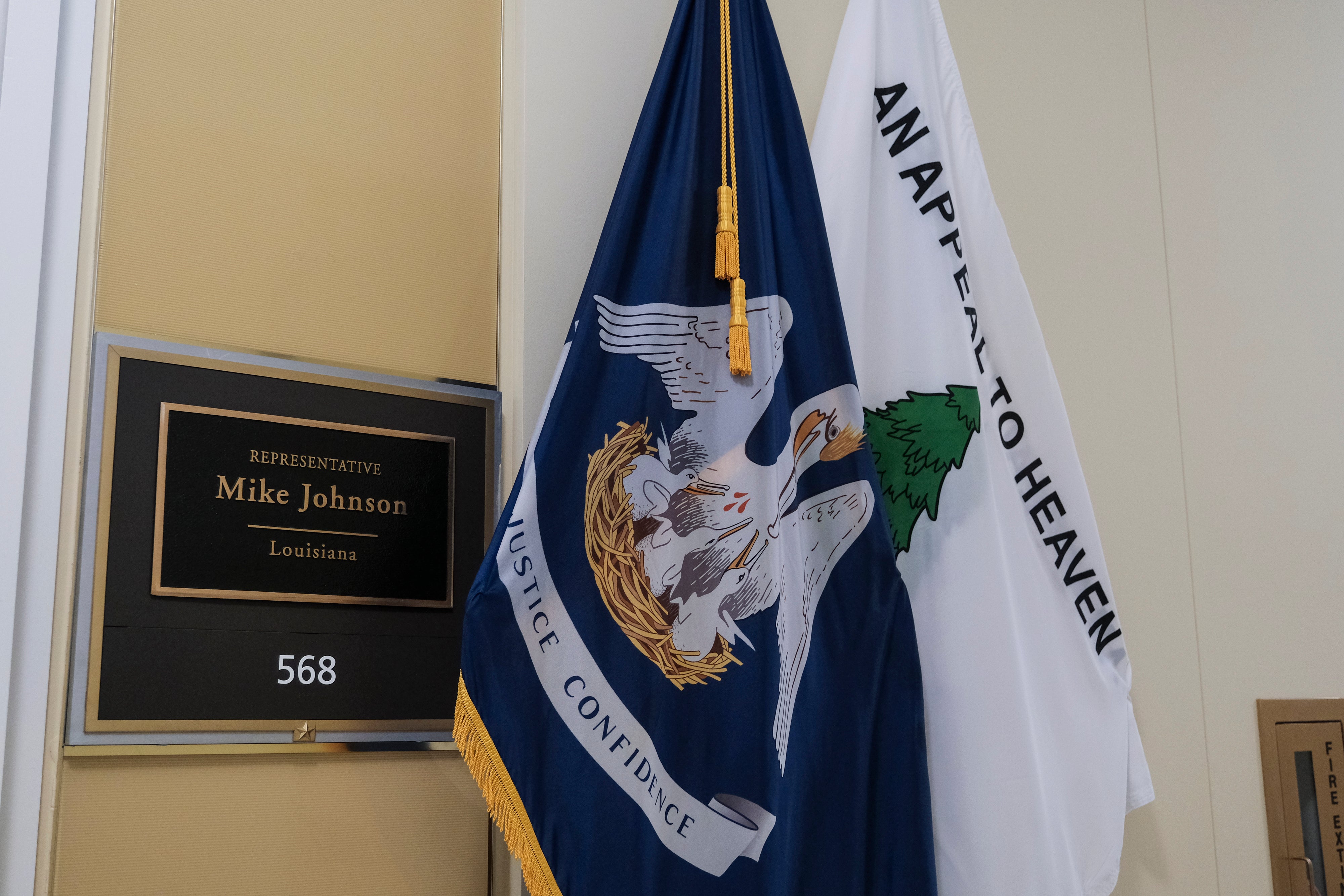 An "Appeal to Heaven" flag is seen outside of Speaker of the House Mike Johnson (R-LA) office on Capitol Hill on May 23, 2024 in Washington, DC