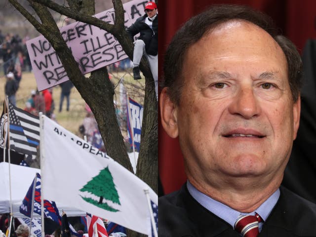 <p>The “Appeal to Heaven” flag between waved on Jan. 6 in DC, and Justice Samuel Alito on the right</p>