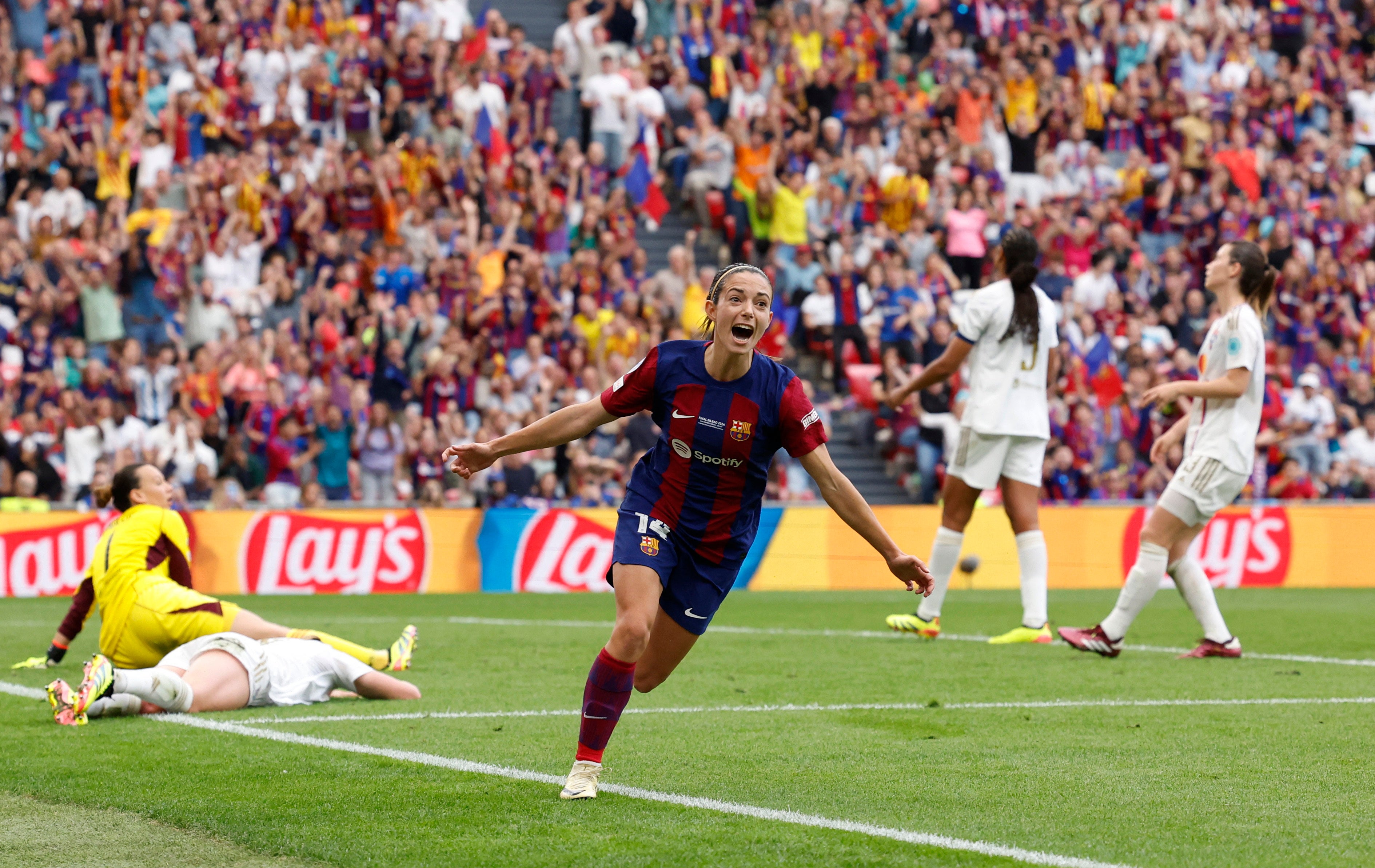 Aitani Bonmati celebrates after scoring for Barcelona