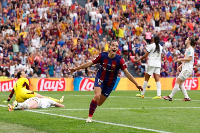 <p>Aitani Bonmati celebrates after scoring for Barcelona</p>