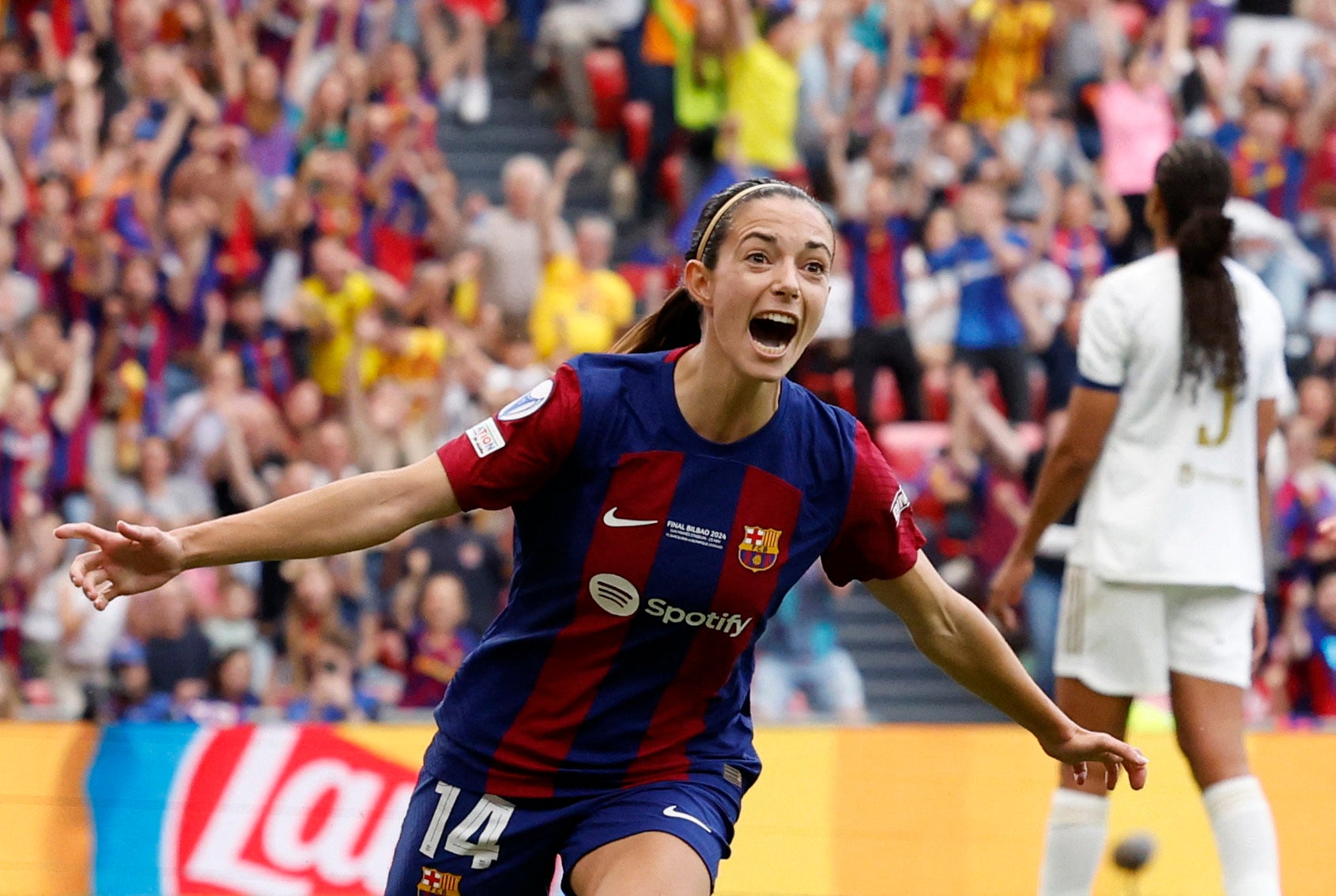 Bonmati celebrates after scoring in the Champions League final