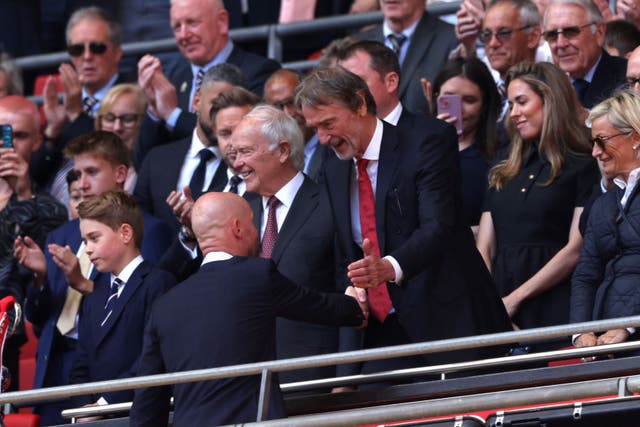<p>Sir Jim Ratcliffe shakes hands with Erik ten Hag after Manchester United won the FA Cup </p>