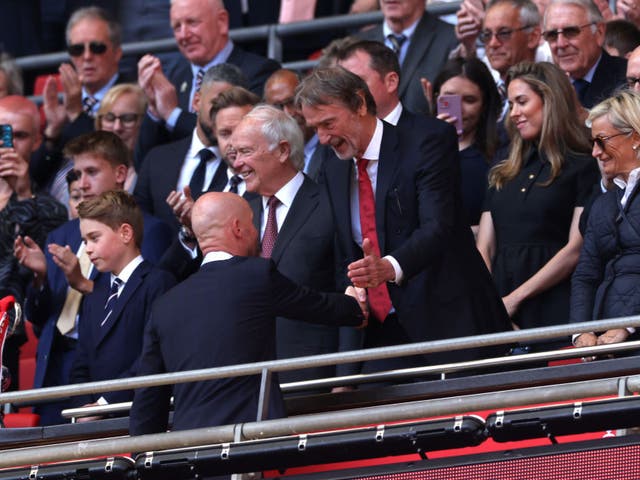 <p>Sir Jim Ratcliffe shakes hands with Erik ten Hag after Manchester United won the FA Cup </p>