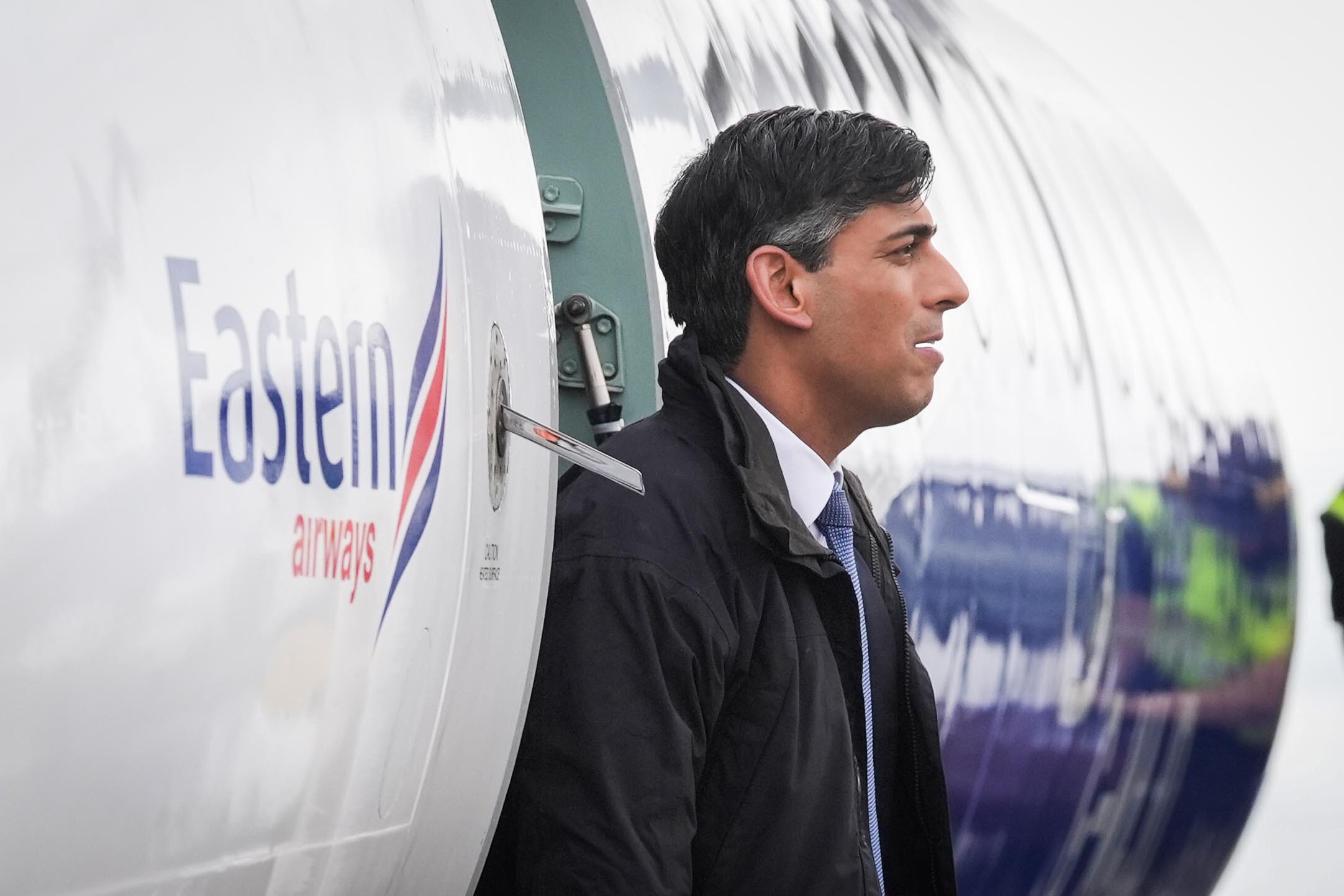 Prime Minister Rishi Sunak arrives at Birmingham Airport, while on the General Election campaign trail (Stefan Rousseau/PA)