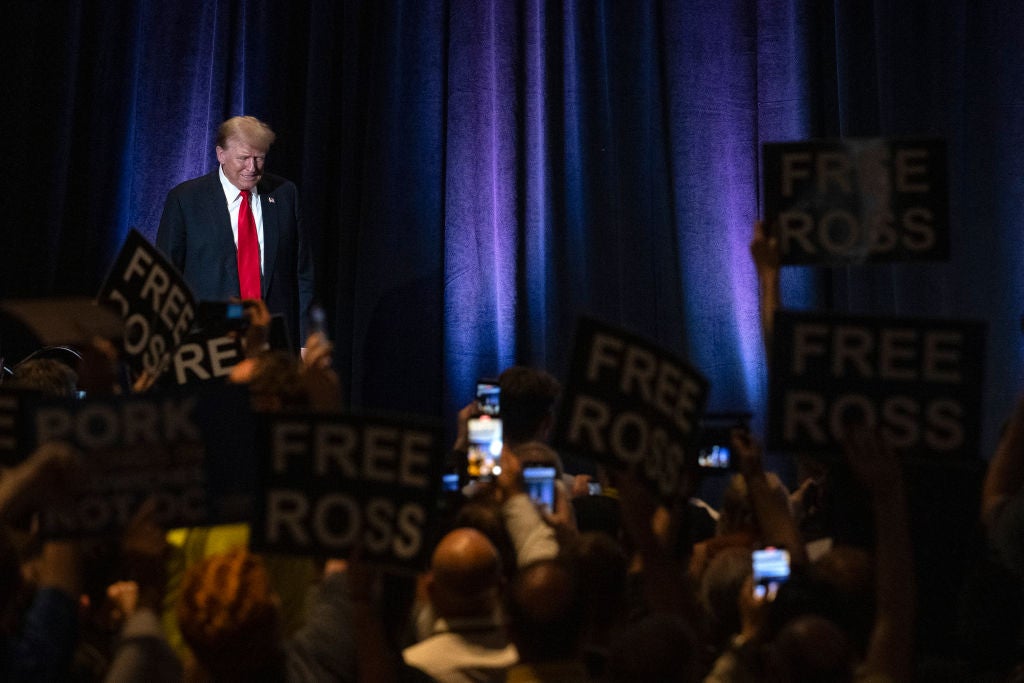 Donald Trump speaks to the 2024 Libertarian Party convention in Washington DC
