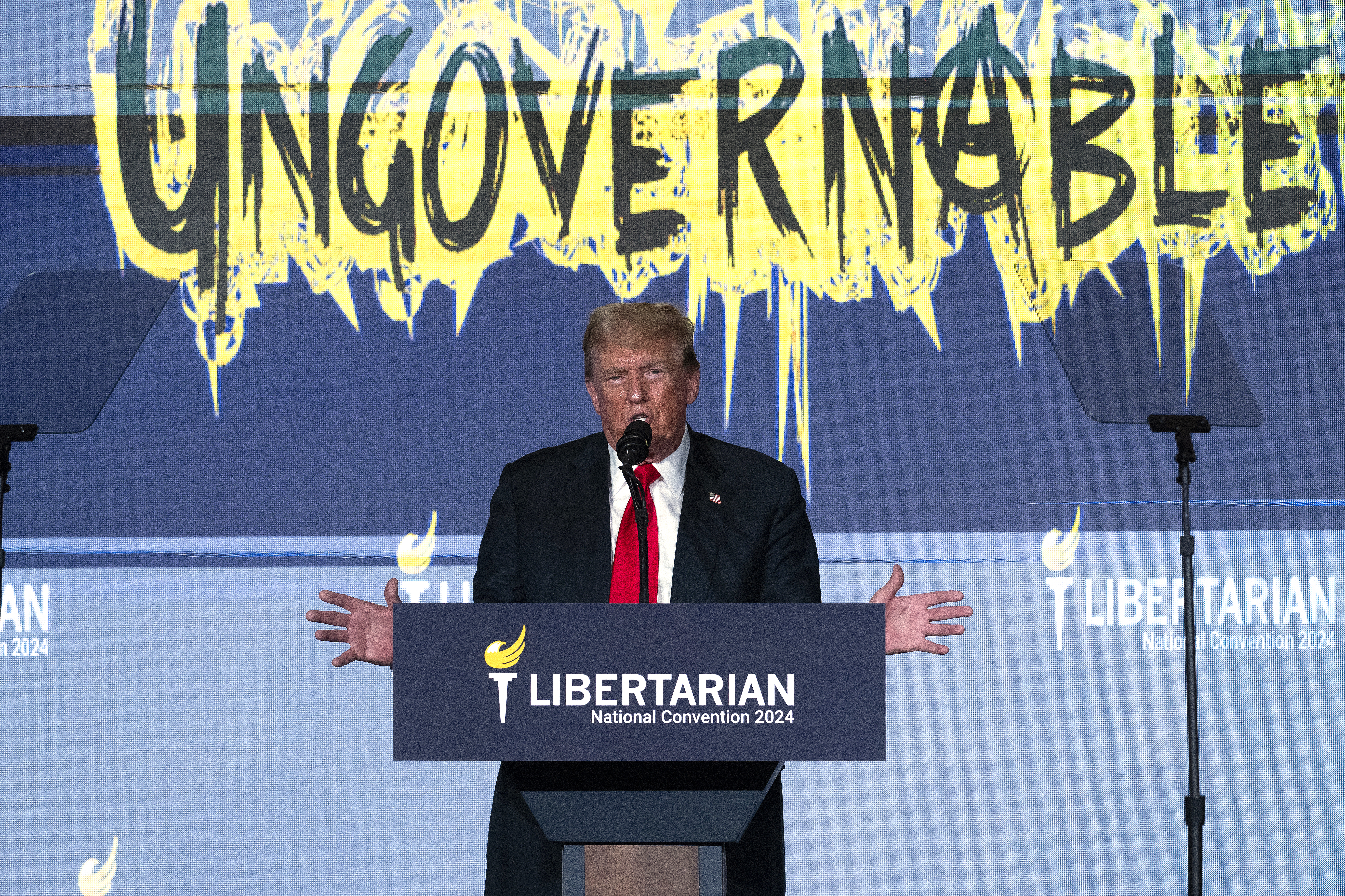 Former US President and Republican presidential candidate Donald Trump addresses the Libertarian National Convention in Washington,