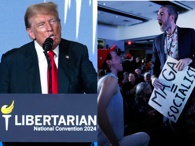 <p>Donald Trump speaks to the Libertarian Party convention, greeted by fans and enemies alike </p>