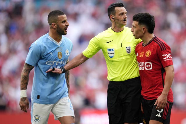 Kyle Walker (left) was frustrated as Manchester City were beaten in the FA Cup final (Nick Potts/PA)