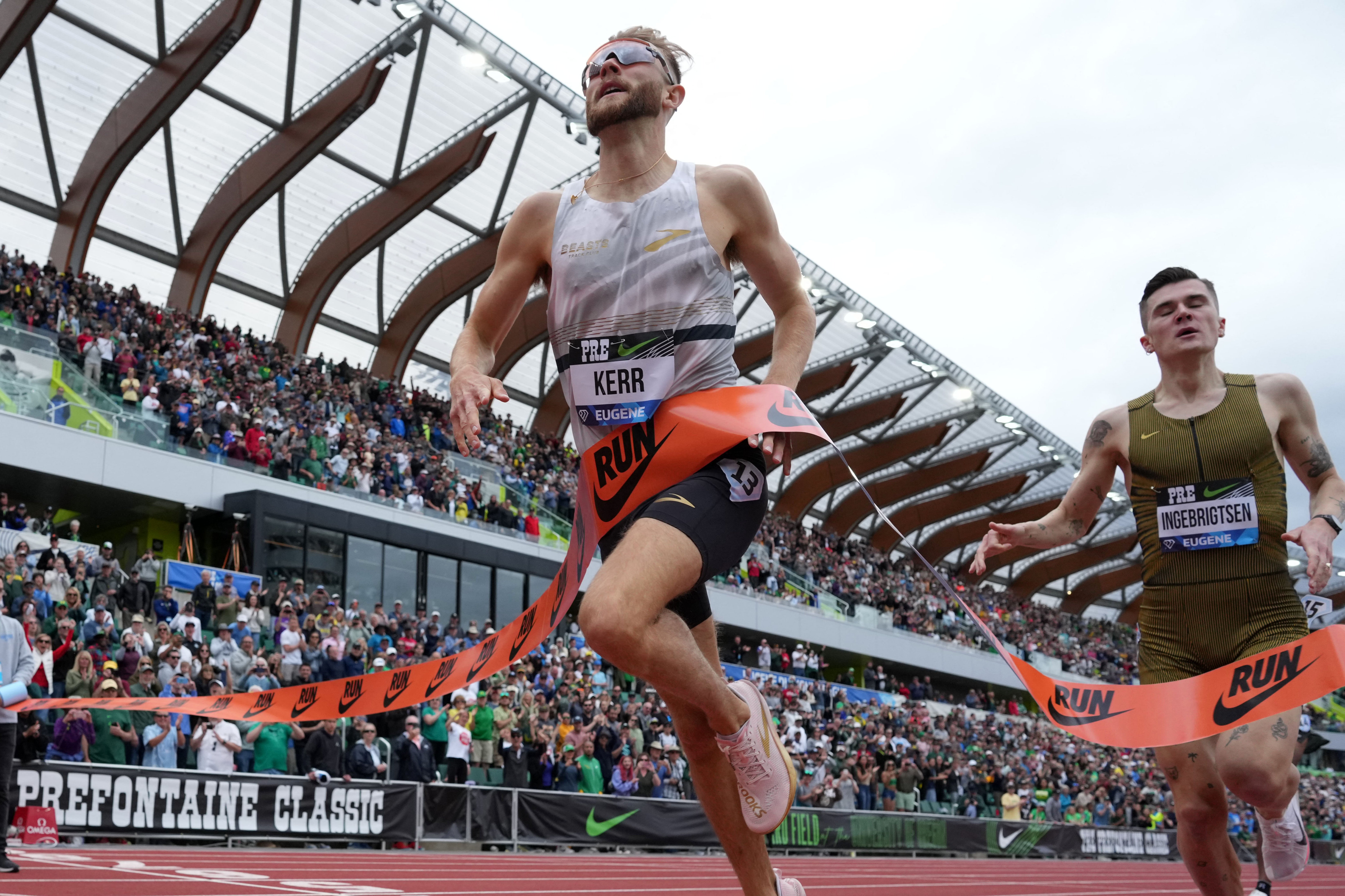 Josh Kerr outclassed the field to win the mile race, in a British record time, at the Diamond League event in Eugene