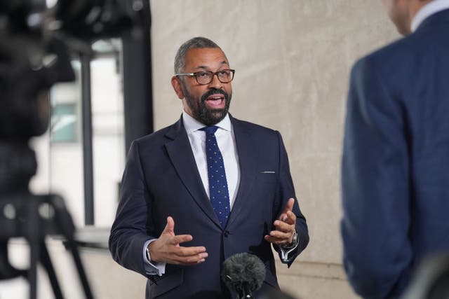 Home Secretary James Cleverly speaks to the media outside BBC Broadcasting House (Yui Mok/PA)