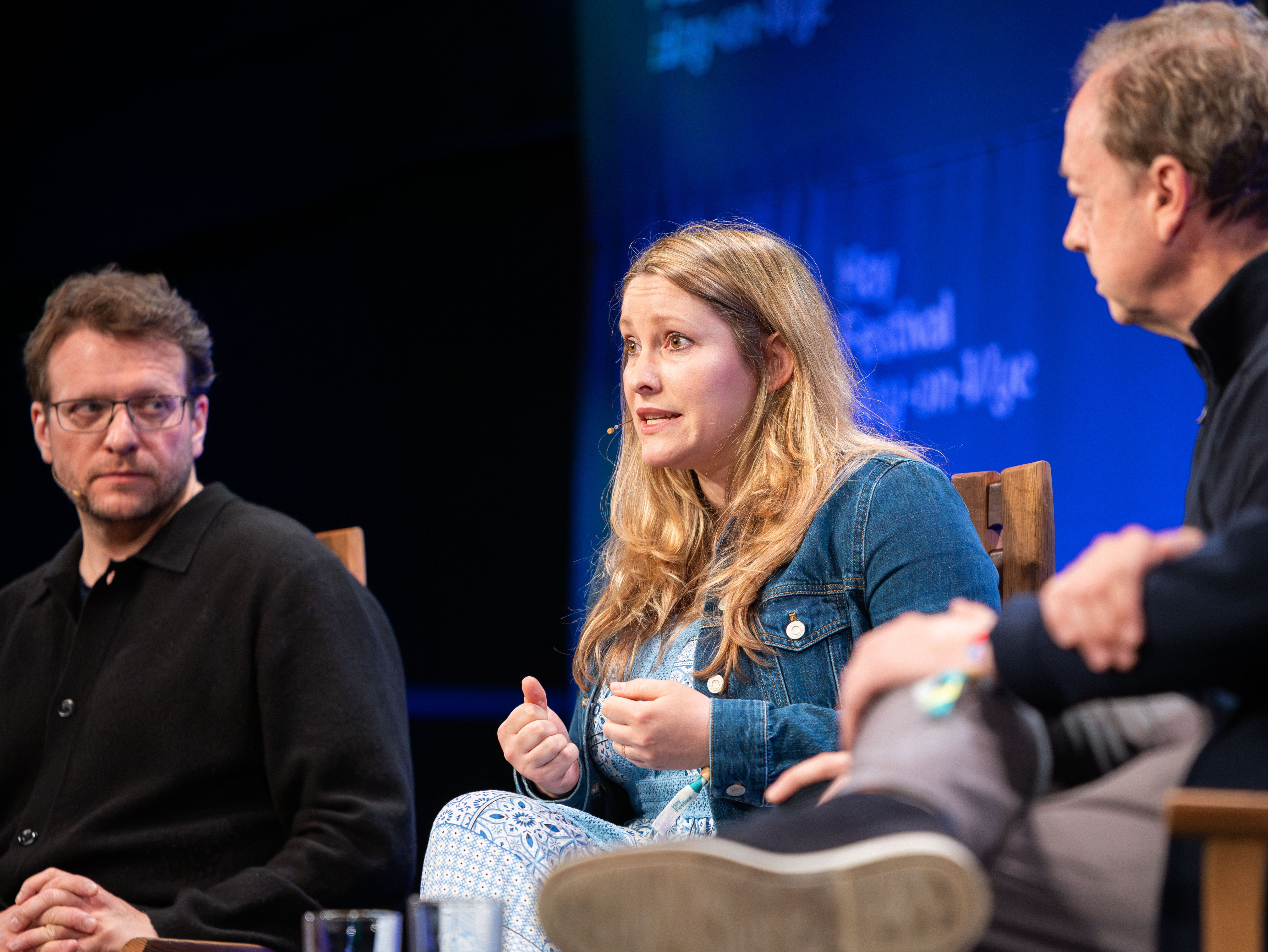 Peter Pomerantsev, Laura Bates and The Independent’s editor-in-chief Geordie Greig during a conversation at Hay Festival