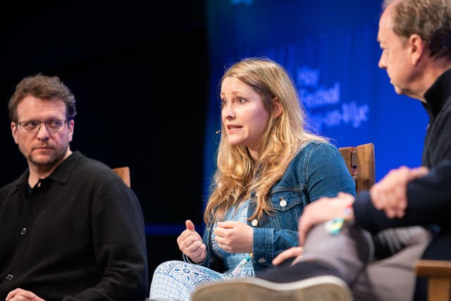 <p>Peter Pomerantsev, Laura Bates and The Independent’s editor-in-chief Geordie Greig during a conversation at Hay Festival</p>