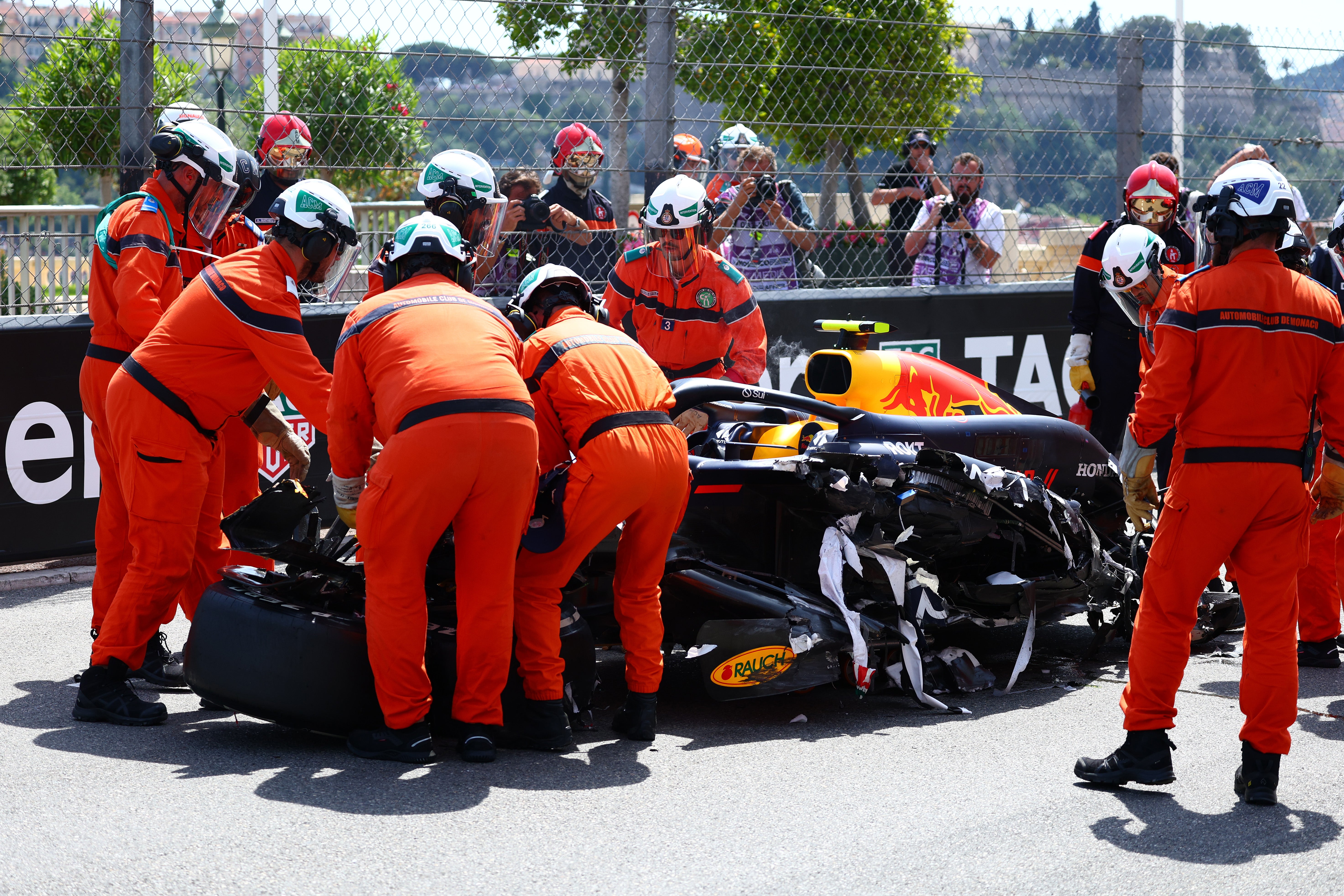 Sergio Perez’s Red Bull was left in pieces after a crash in Monaco