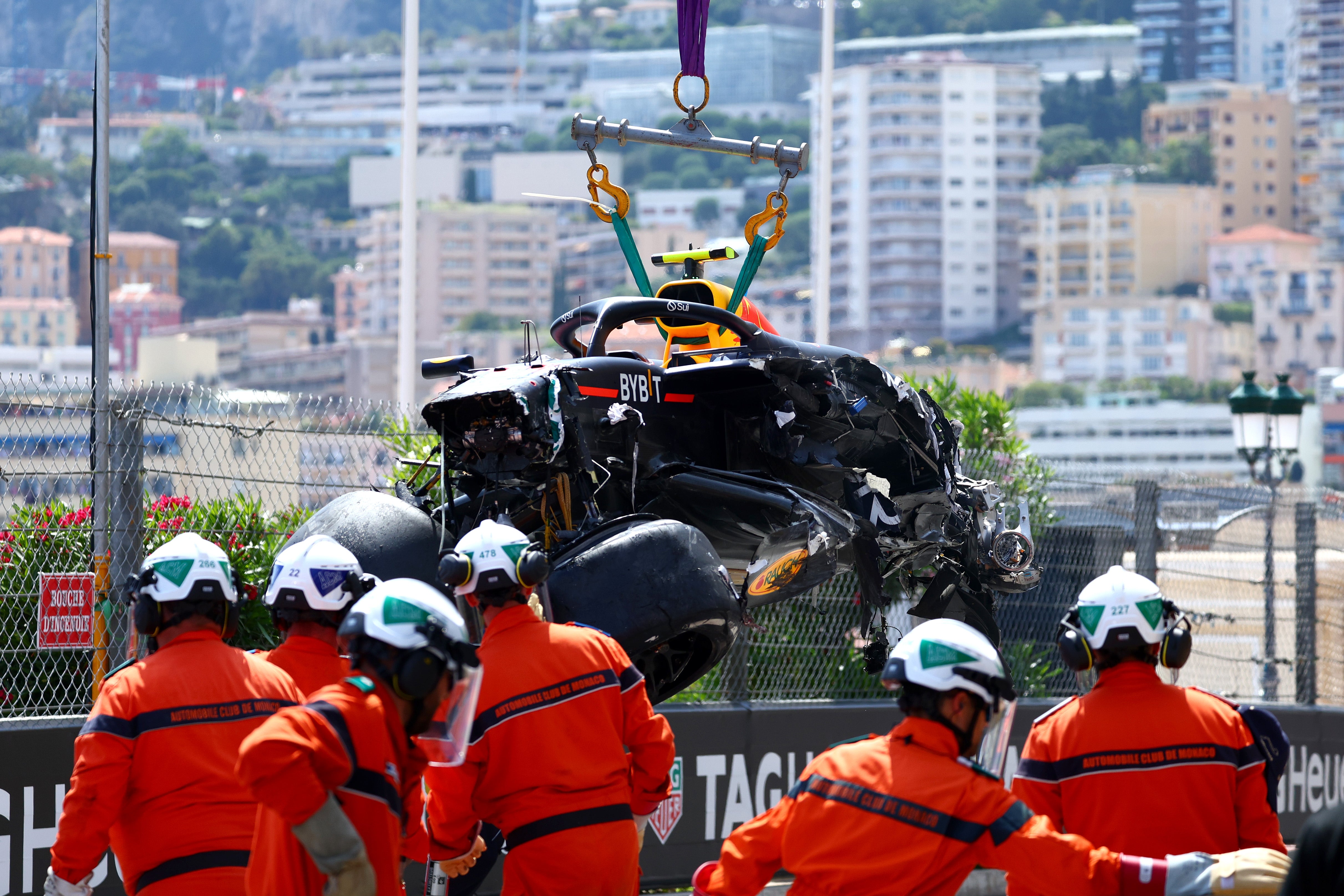Sergio Perez’s car was left in tatters after a huge crash at the start of the Monaco Grand Prix