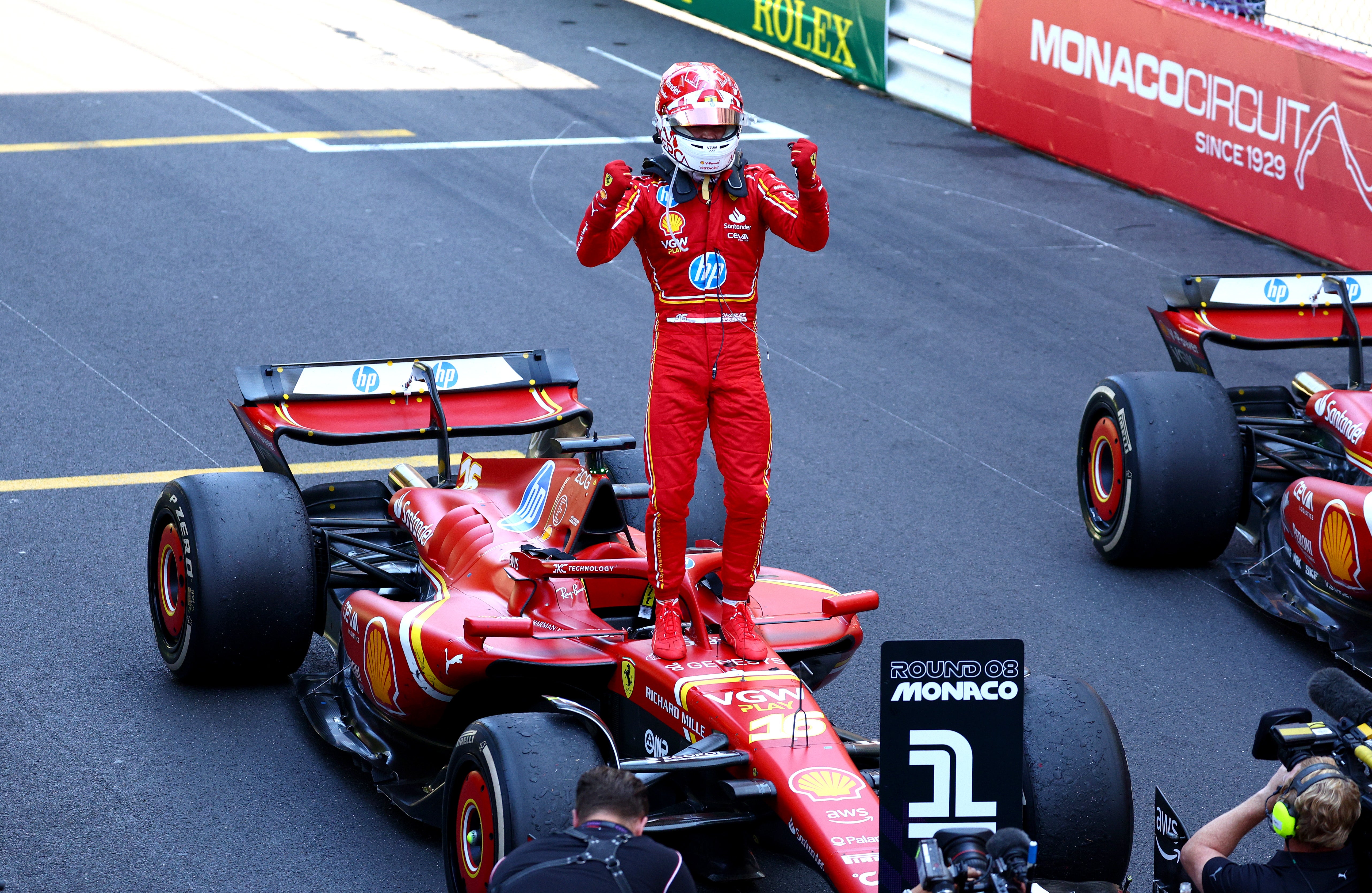 Charles Leclerc celebrates winning his home race in Monaco