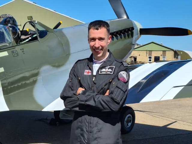 <p>Squadron leader Mark Long was killed in a Spitfire crash near RAF Coningsby in Lincolnshire during a Battle of Britain commemoration event on Saturday</p>