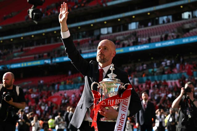 <p>Erik ten Hag led Manchester United to a 2-1 victory over Man City in the FA Cup but his position is still under question.</p>