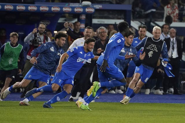 M’Baye Niang celebrates after scoring the goal which kept Empoli in Serie A (Marco Bucco/LaPresse via AP)