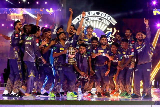 <p>Players of Kolkata Knight Riders celebrate with the trophy after their victory against the Sunrisers Hyderabad in the 2024 IPL Final match between the Kolkata Knight Riders and Sunrisers Hyderabad at MA Chidambaram Stadium on 26 May 2024 in Chennai, India</p>