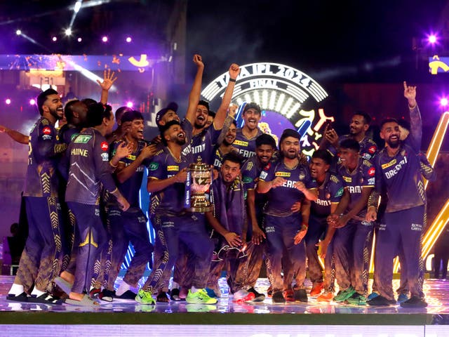 <p>Players of Kolkata Knight Riders celebrate with the trophy after their victory against the Sunrisers Hyderabad in the 2024 IPL Final match between the Kolkata Knight Riders and Sunrisers Hyderabad at MA Chidambaram Stadium on 26 May 2024 in Chennai, India</p>