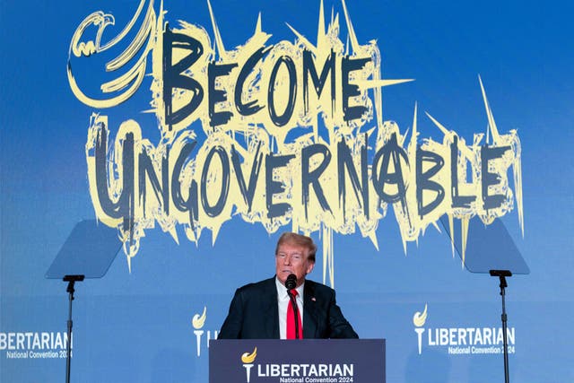 <p>Former US president and Republican presidential candidate Donald Trump addresses the Libertarian National Convention in Washington DC </p>