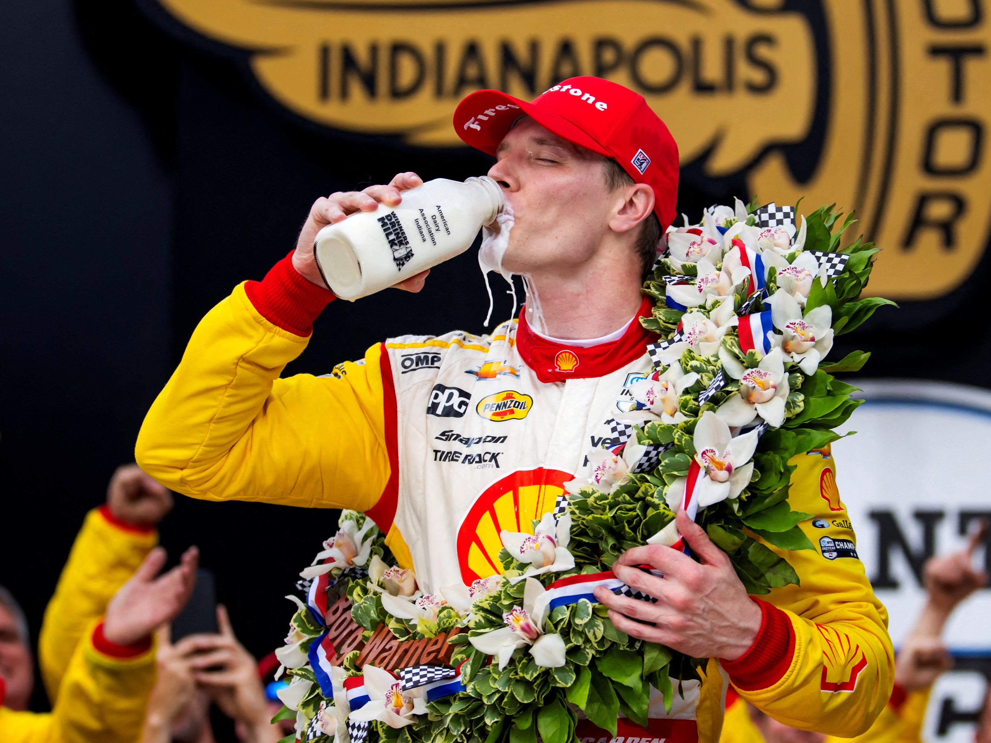 Indycar Series driver Josef Newgarden celebrates after winning the 108th running of the Indianapolis 500 at Indianapolis Motor Speedway on Sunday 26 May 2024