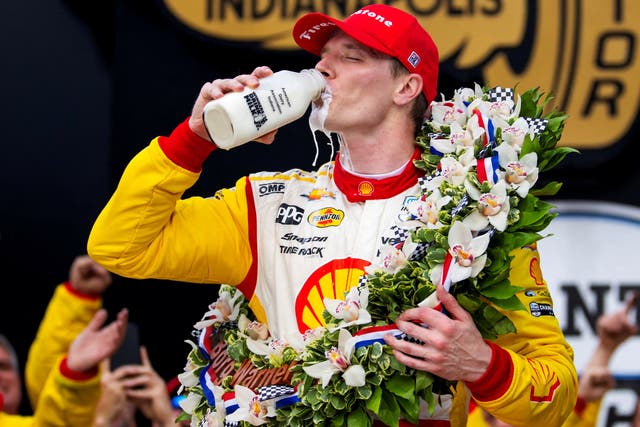 <p>Indycar Series driver Josef Newgarden celebrates after winning the 108th running of the Indianapolis 500 at Indianapolis Motor Speedway on Sunday 26 May 2024</p>
