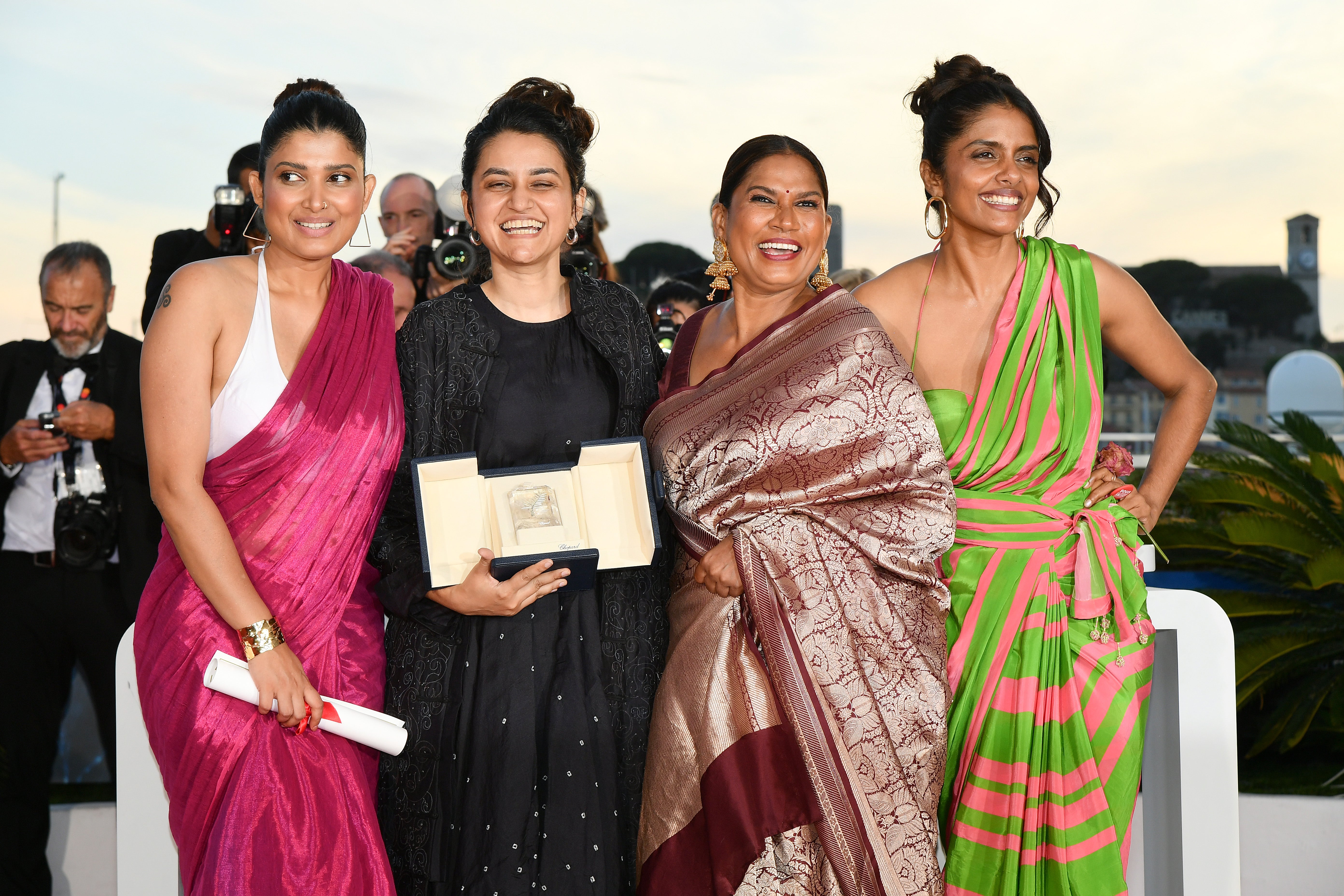 Divya Prabha, Payal Kapadia, Chhaya Kadam and Kani Kusruti pose with the Grand Prix Award for ‘All We Imagine As Light’ during the Palme D’Or Winners Photocall