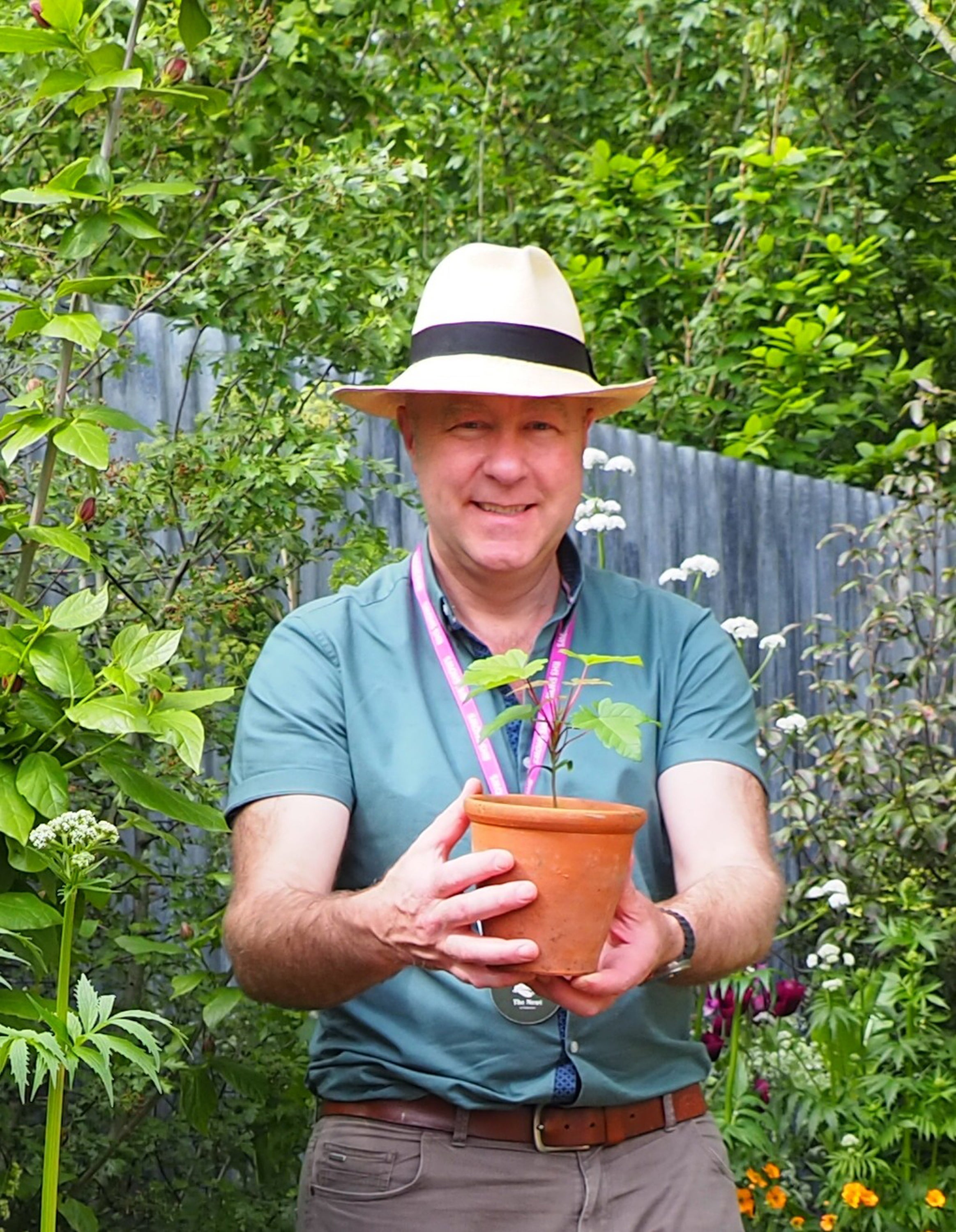 Director of Gardens and Parklands at the National Trust, Andy Jasper, with the first Sycamore Gap seedling at the Chelsea Flower Show last week