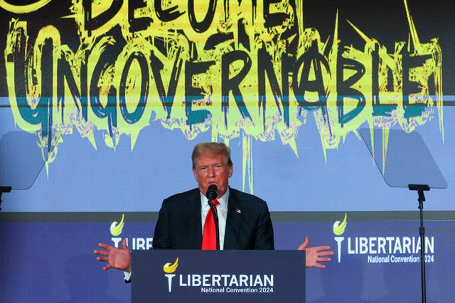 <p>Donald Trump speaks at the Libertarian Party’s national convention </p>