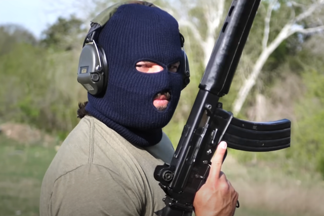 <p>Brandon Herrera pictured in his 2023 video titled ‘The AR-180: The IRA’s Lucky Charm’. Mr Herrera is running for a congressional seat in the Texas district that is home to Uvalde, the site of a 2022 shooting at Robb Elementary School</p>