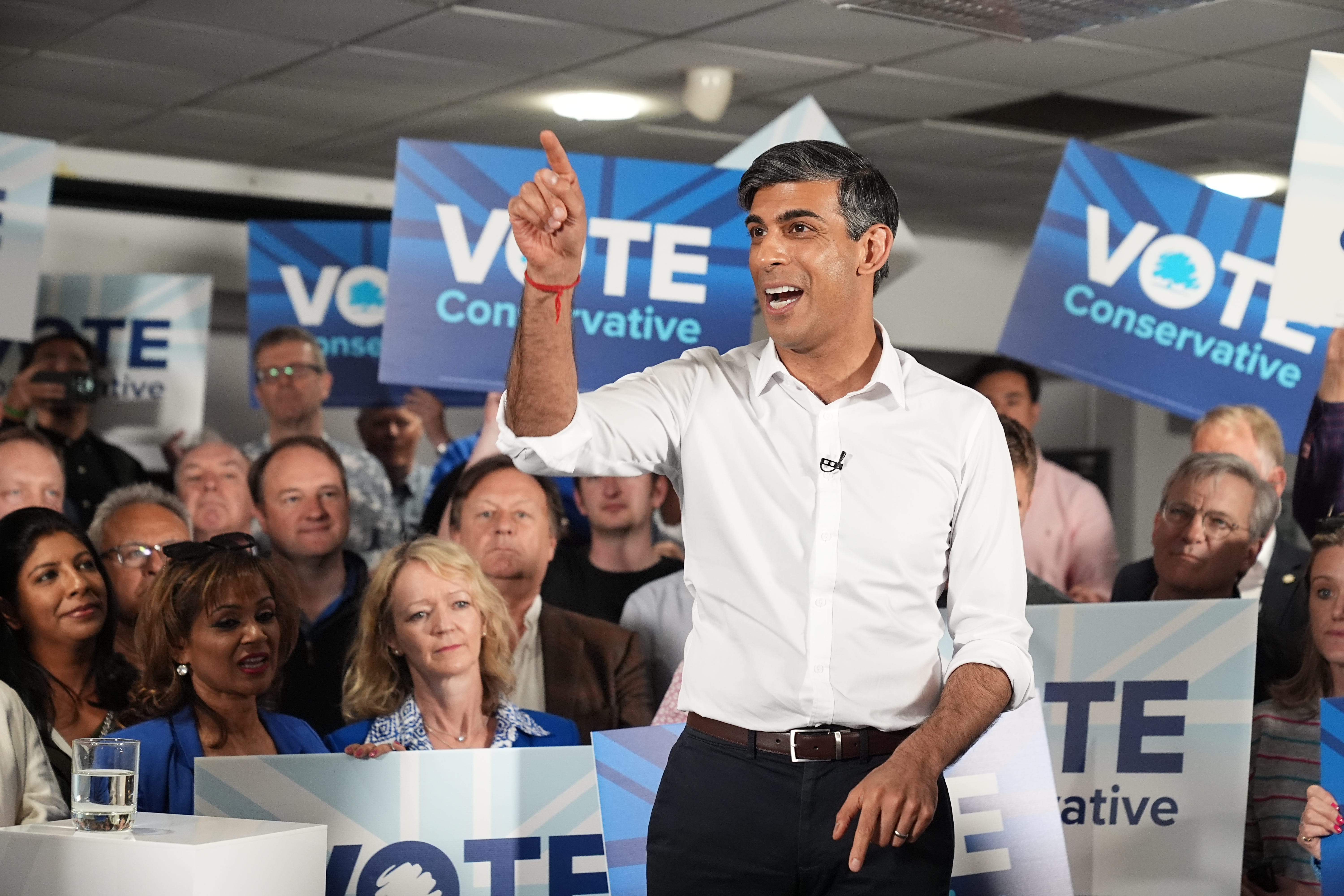 Prime minister Rishi Sunak speaks during his visit to Amersham and Chiltern RFC during his 2024 general election campaign