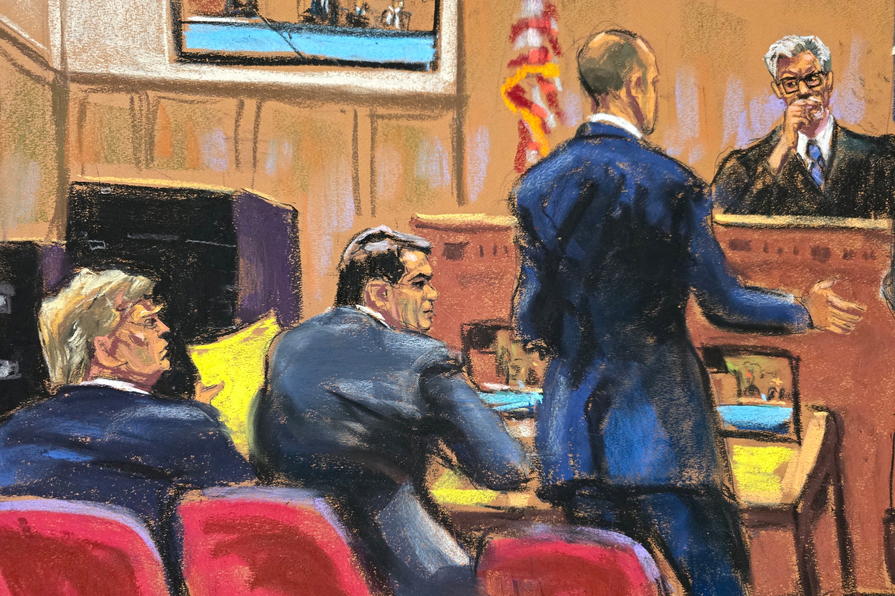 A courtroom sketch depicts Donald Trump watching his attorney Emil Bove address New York Justice Juan Merchan during his hush money trial in Manhattan on May 21.