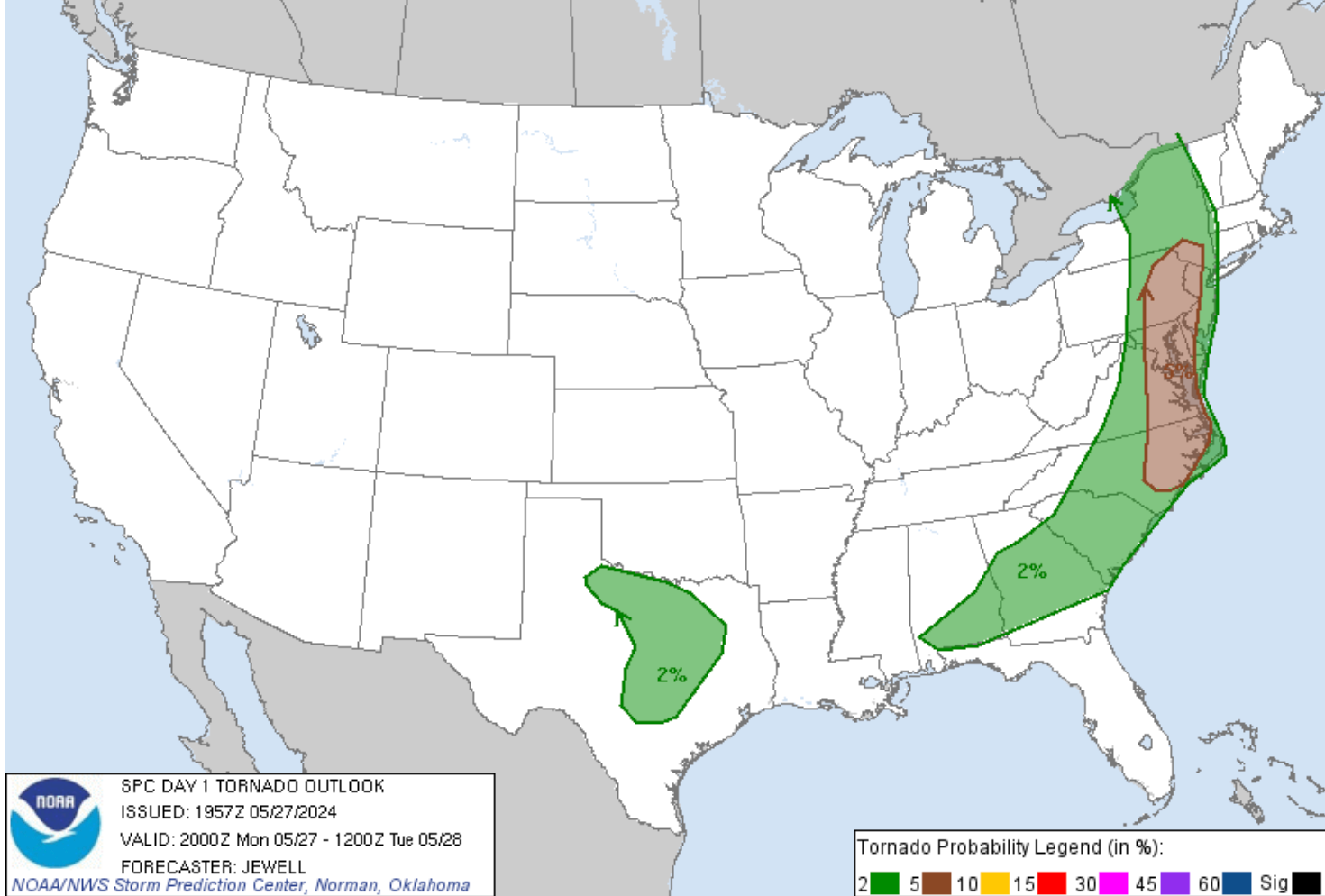 A map from the National Weather Service depicting tornado probability on Monday evening