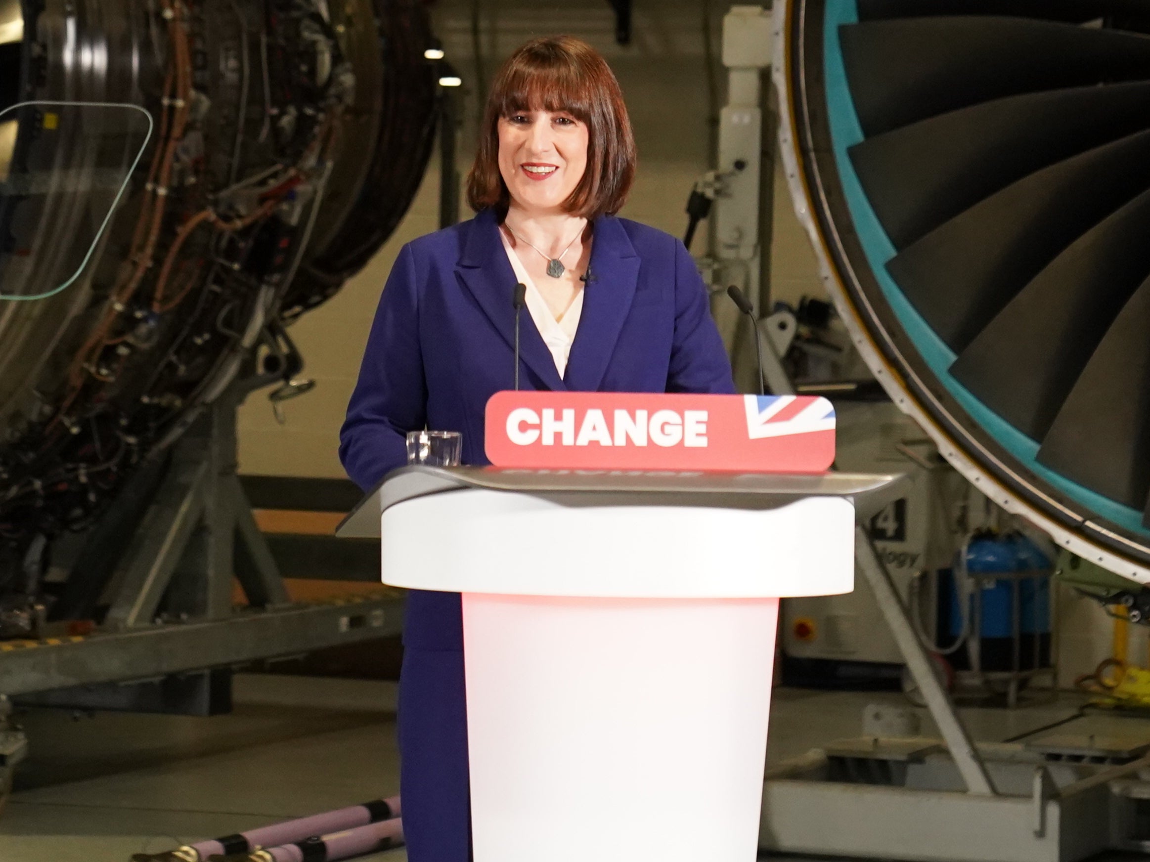 Shadow chancellor Rachel Reeves delivers a speech during a visit to Rolls-Royce in Derby